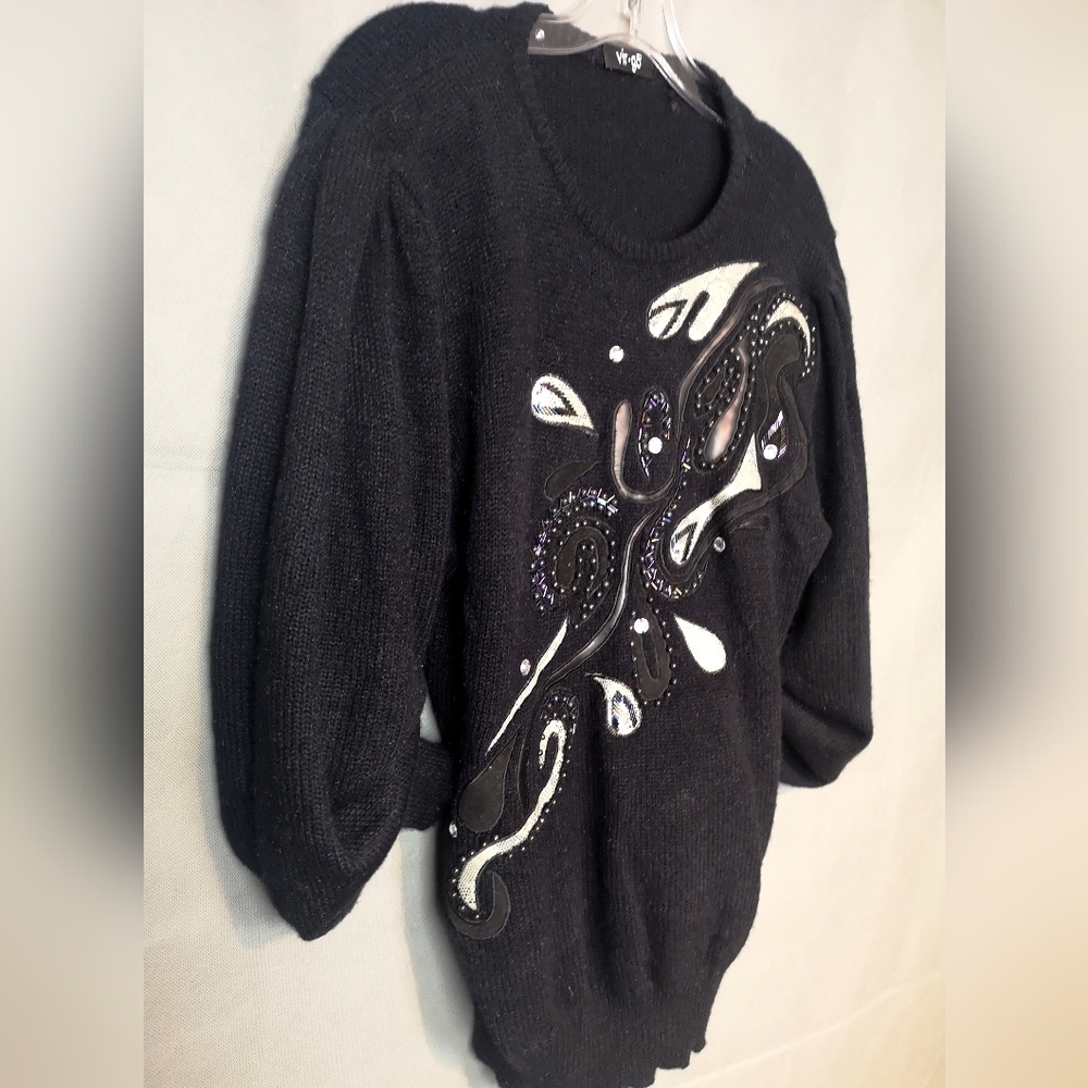 80s Vintage statement sleeve paisley leather beaded knit sweater
